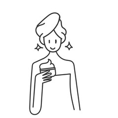 beauty woman with towel after bath holding beauty cream in doodle hand drawing cartoon