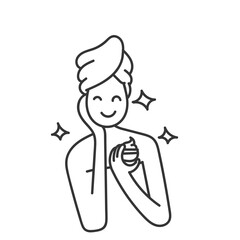 beauty woman with towel after bath holding beauty cream in doodle hand drawing cartoon