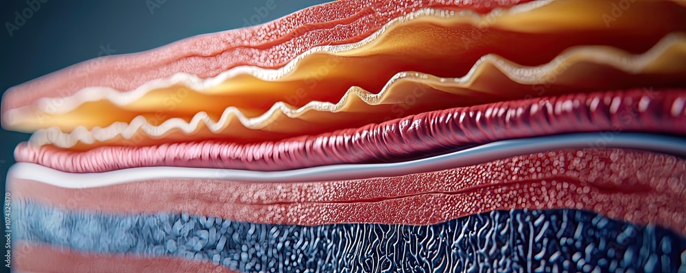 Poster cross-section of tissue layers with vibrant colors on a dark background.