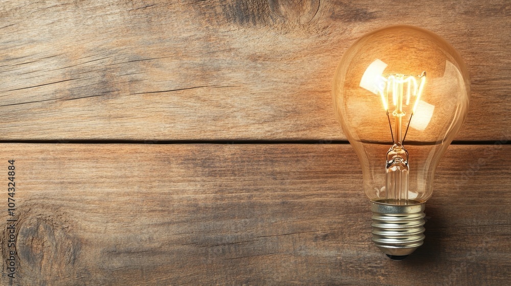 Poster light bulb resting on a wooden surface providing space for your task or message designed with advanc