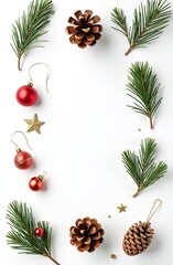 Fototapeta premium set of Christmas icons pine cones, and festive decorations on a white background 