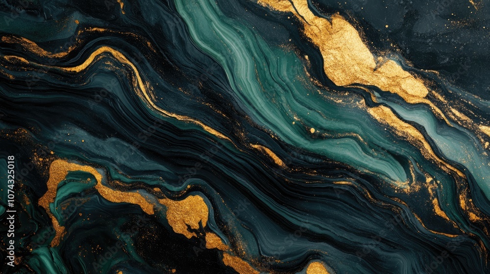 Poster fluid art featuring a black marble backdrop complemented by dark green and golden wave patterns abst