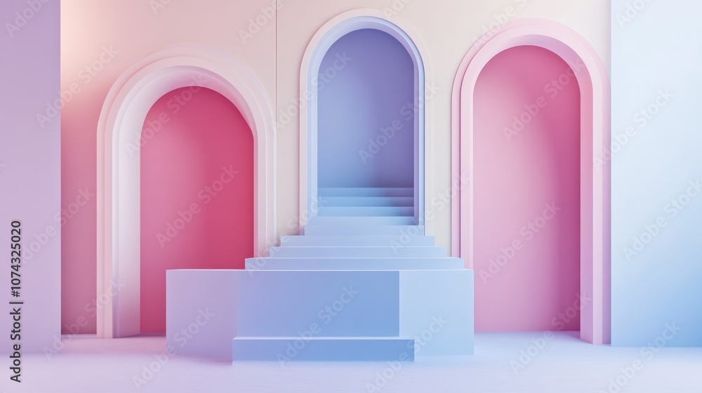 Poster 3d rendering of an abstract geometric background featuring stairs and a fashion podium designed as a