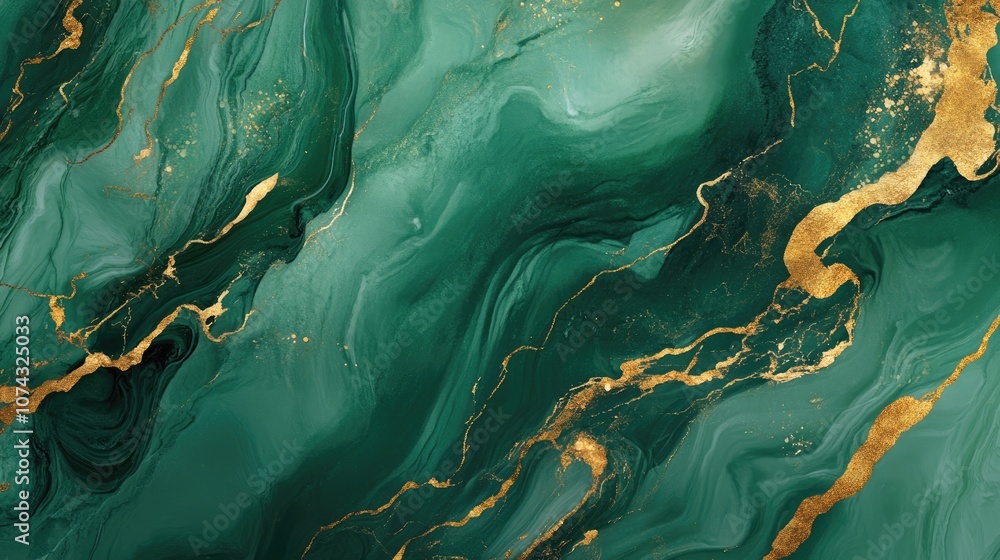 Poster abstract marble texture in green with gold accents creating a luxurious basil inspired background