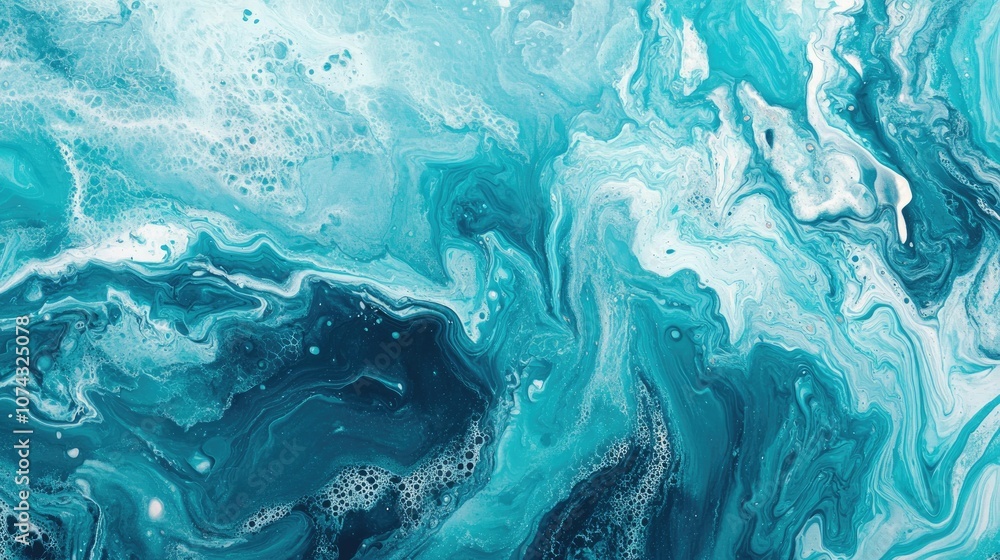 Poster mint turquoise waves blend seamlessly in this abstract acrylic fluid art piece creating a captivatin
