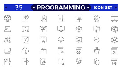 Programming Outline icon set. Contains linear outline icons like Web Development, Code, Website, Cloud, App, Data, Software, Algorithm, Api, Build, Program. Big UI icon set in a flat design.