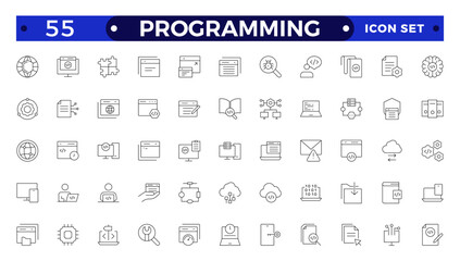 Programming Outline icon set. Contains linear outline icons like Web Development, Code, Website, Cloud, App, Data, Software, Algorithm, Api, Build, Program. Big UI icon set in a flat design.