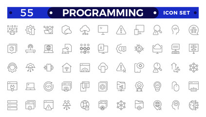 Programming Outline icon set. Contains linear outline icons like Web Development, Code, Website, Cloud, App, Data, Software, Algorithm, Api, Build, Program. Big UI icon set in a flat design.