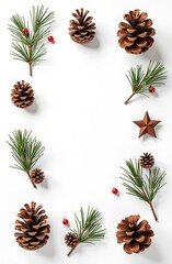 Fototapeta premium set of Christmas icons pine cones, and festive decorations on a white background 