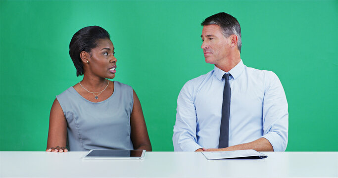 Studio, green screen and anchors in newsroom for business conversation, team talk and journalism. Chroma key, man and woman with presenter or news analyst for politics on tv broadcast on background