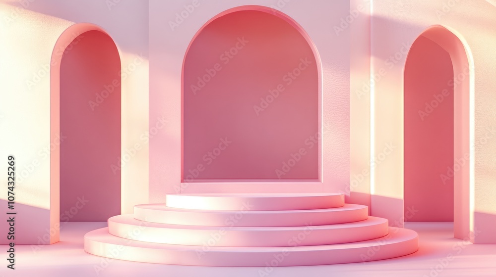 Poster 3d rendering of an abstract geometric background featuring stairs and a fashion podium designed as a