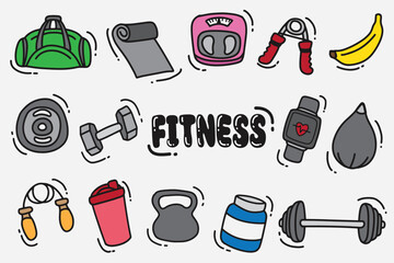set of doodle fitness with color good for icons, background, wallpaper, symbol, element design, etc