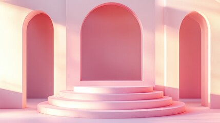 3D rendering of an abstract geometric background featuring stairs and a fashion podium designed as a minimalistic showcase with primitive arch shapes and art deco elements in pastel hues