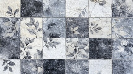 Vintage worn patchwork floral motif with leaves on a shabby gray and white stone wall texture background