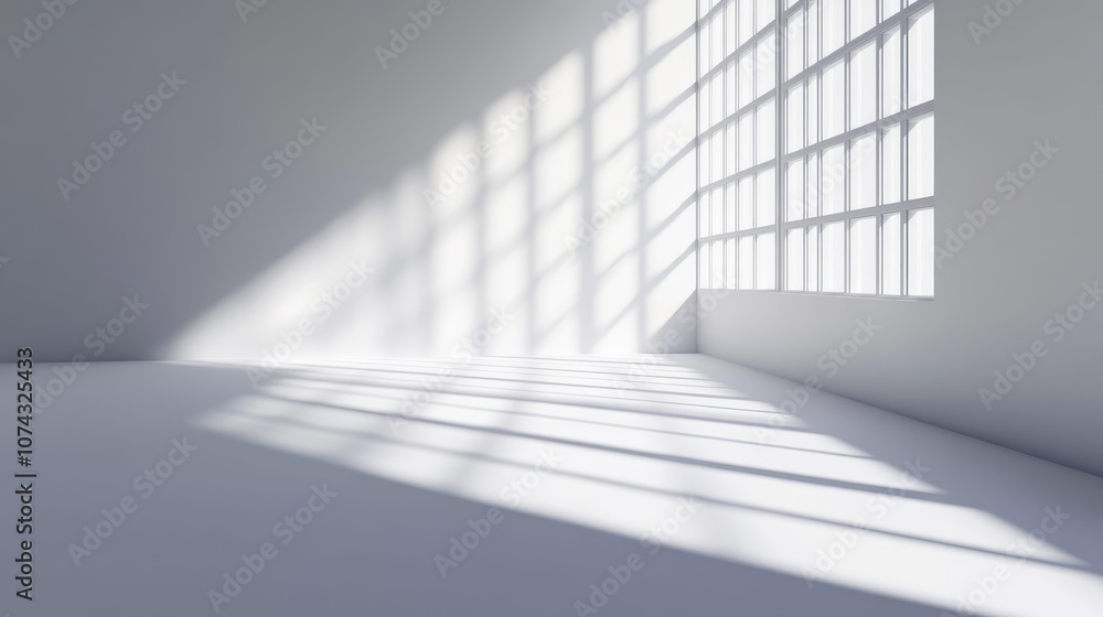 Poster 3d rendering of a shadow created by a window on a white wall and floor surface