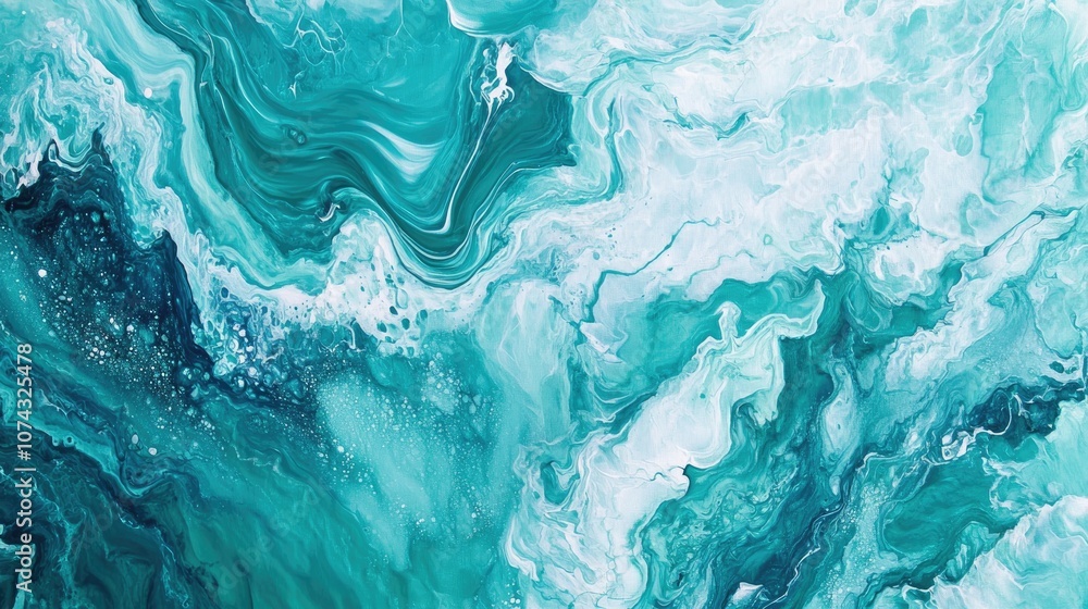 Poster mint turquoise waves blend seamlessly in this abstract acrylic fluid art piece creating a captivatin