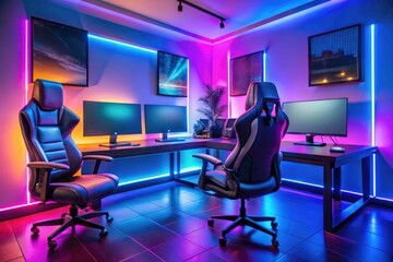 Futuristic Gaming Room with Neon LED Lights and Triple-Monitor Setup