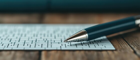 A close-up of a pen resting on a lined notepad against a wooden surface, capturing a moment of writing or note-taking.