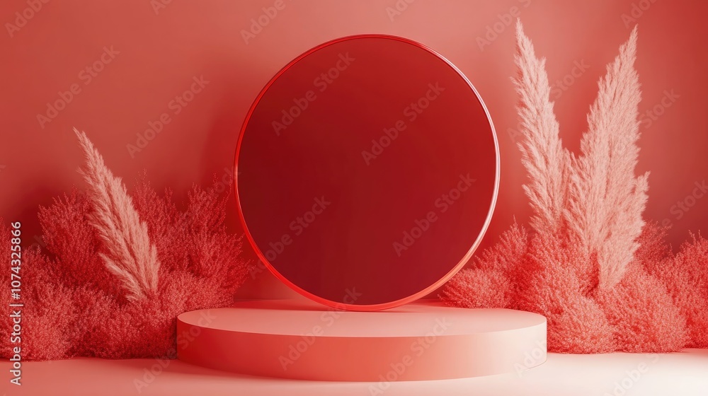 Poster 3d rendering of a blank backdrop for cosmetics featuring a modern red podium setting