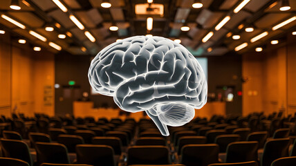 A digital illustration of a brain superimposed over an empty lecture hall.