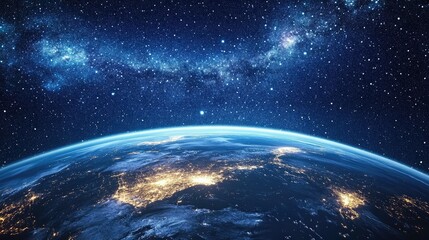 Obraz premium Arc of the planet under a starry sky twinkling city lights illuminate the continents