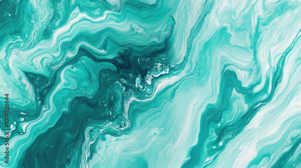 Poster mint turquoise waves blend seamlessly in this abstract acrylic fluid art piece creating a captivatin