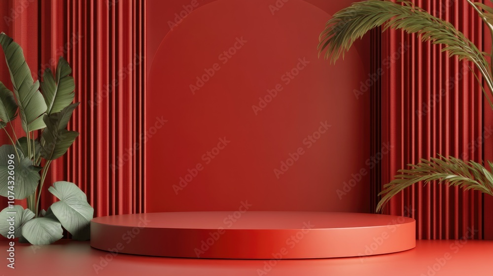 Poster 3d rendering of a blank backdrop for cosmetics featuring a modern red podium setting