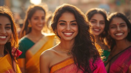 Fototapeta premium Group of smiling indian women wearing sari showing indian culture