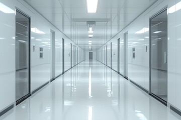 Bright white futuristic corridor reflecting light in modern building