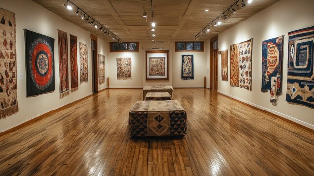 Art gallery exhibiting colorful traditional shipibo textiles