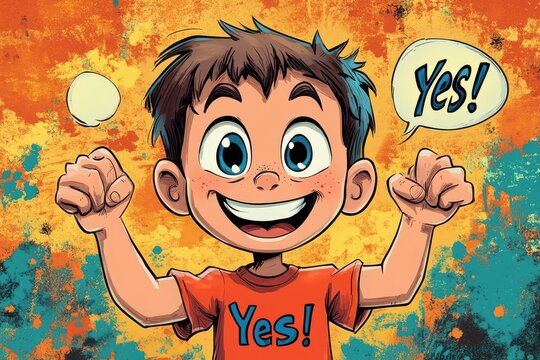 Enthusiastic child saying yes with a big smile and speech bubble