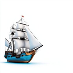 A photostock of an ancient pirate ship with torn sails, isolated on white background, High Quality