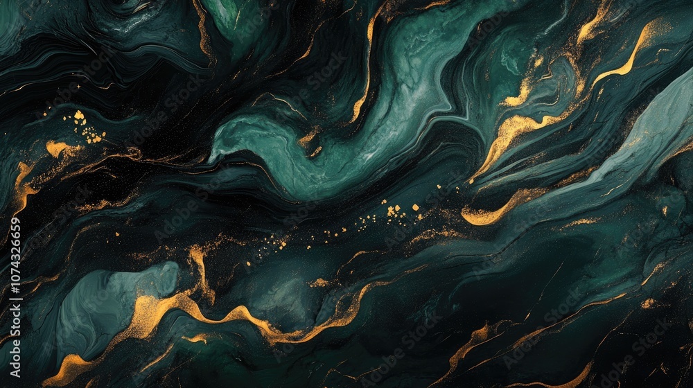 Poster fluid art featuring a black marble backdrop complemented by dark green and golden wave patterns abst
