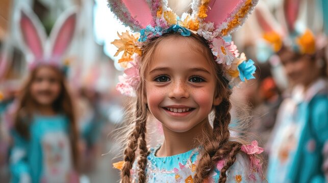 Smiling girl wearing bunny ears and flower crown during easter parade