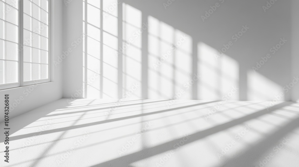 Poster 3d rendering of a shadow created by a window on a white wall and floor surface