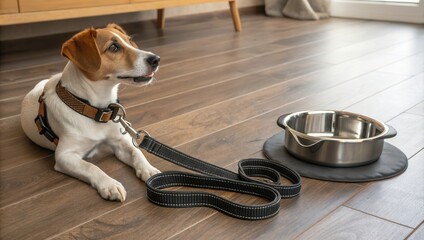 Leash and Harness Beside a Dog Bowl on a Wooden Floor in a Cozy Room. Generative AI