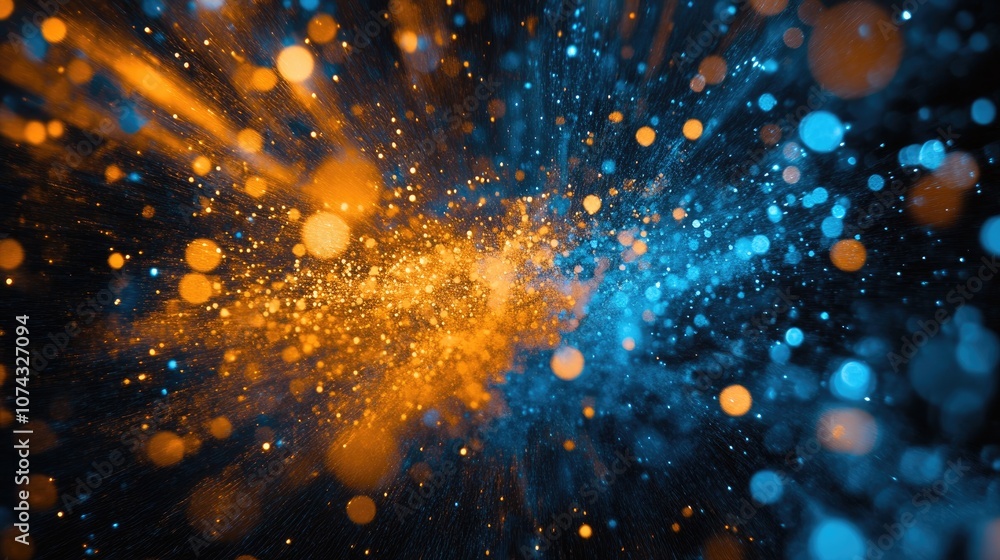 Poster dynamic dispersion effect background featuring textured blue and orange splashing particles symboliz