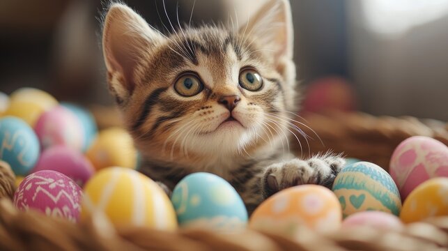 Cute kitten playing with easter eggs in a basket