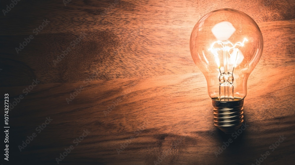 Poster light bulb resting on a wooden surface providing space for your task or message designed with advanc