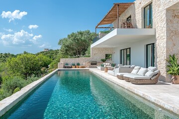 Fototapeta premium Luxury villa with infinity pool overlooking tropical landscape