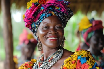 Smiling beninese woman wearing traditional clothes and jewelry