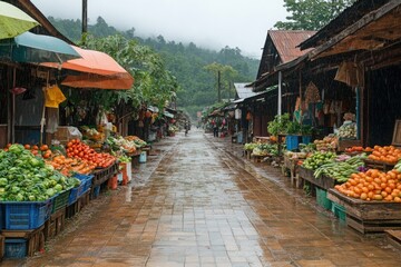 Fresh produce displayed at a vibrant outdoor market in the rain in southeast asia
