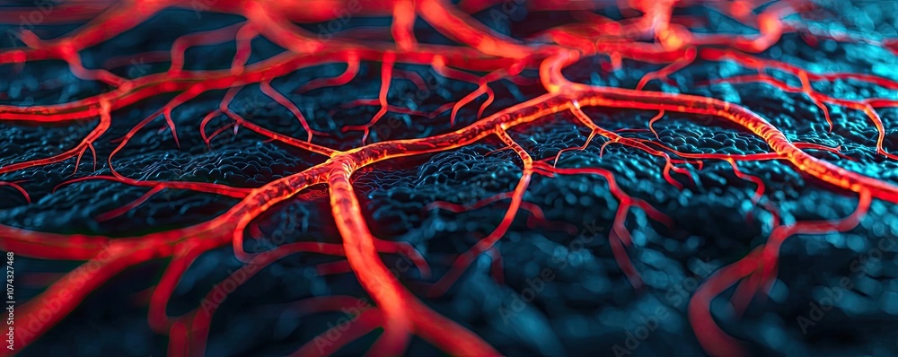 Poster Close-up view of intricate red network resembling veins on a dark surface.