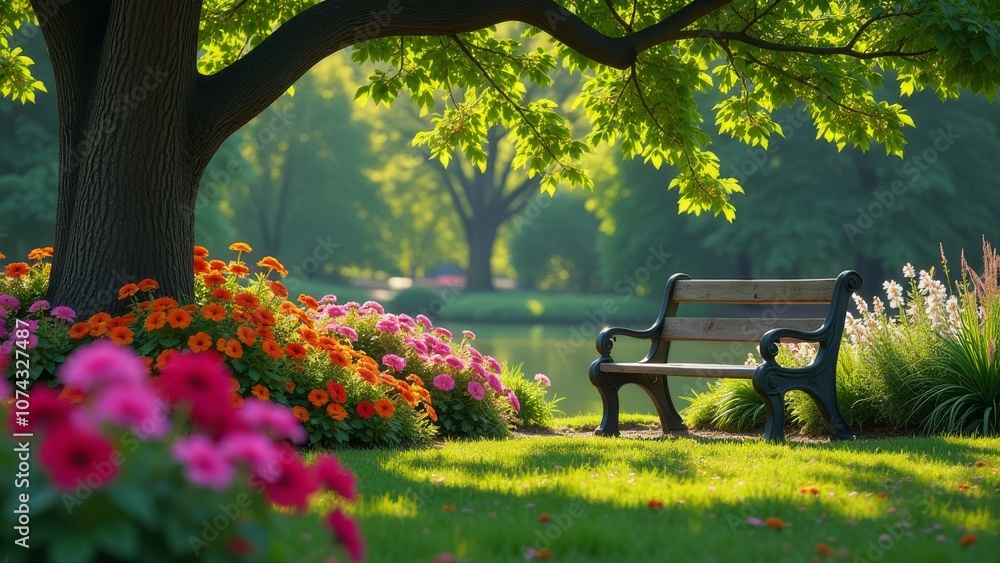 Poster a park with a bench under a tree and flowers in the background