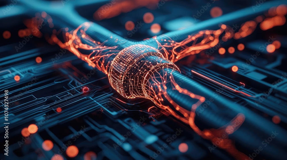 Poster abstract visualization of digital circuit connections and glowing nodes.