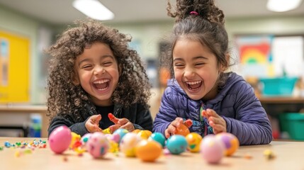 Fototapeta premium Two cheerful children laughing and playing with easter eggs in kindergarten