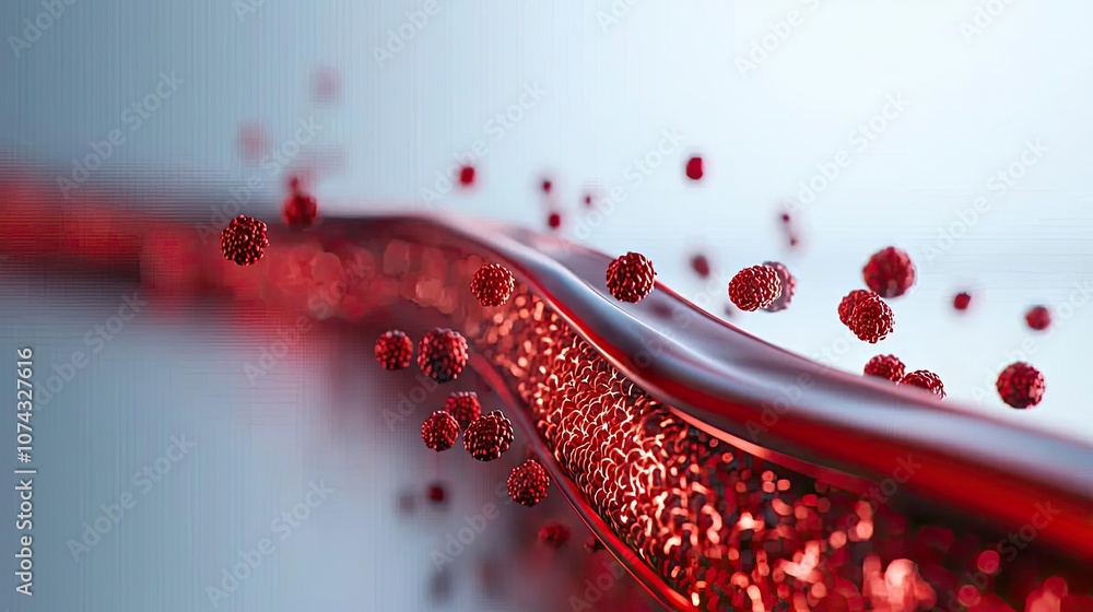 Aufkleber abstract representation of flowing blood with red particles on a light background.
