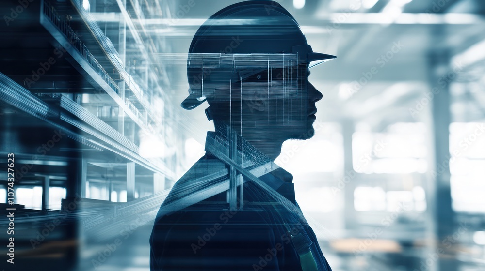 Aufkleber profile of a worker in a hard hat, surrounded by industrial elements and structures.