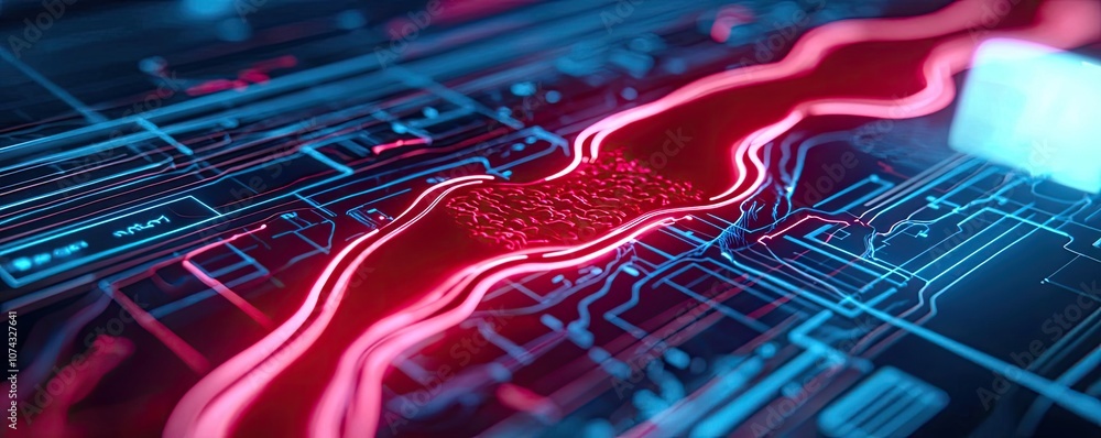 Poster abstract glowing circuit pattern on a futuristic surface, vibrant and dynamic.