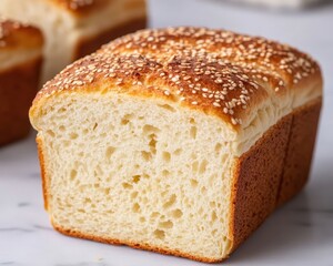 A freshly baked loaf of sesame bread, showcasing a golden crust and soft, airy interior, perfect for sandwiches or toast.